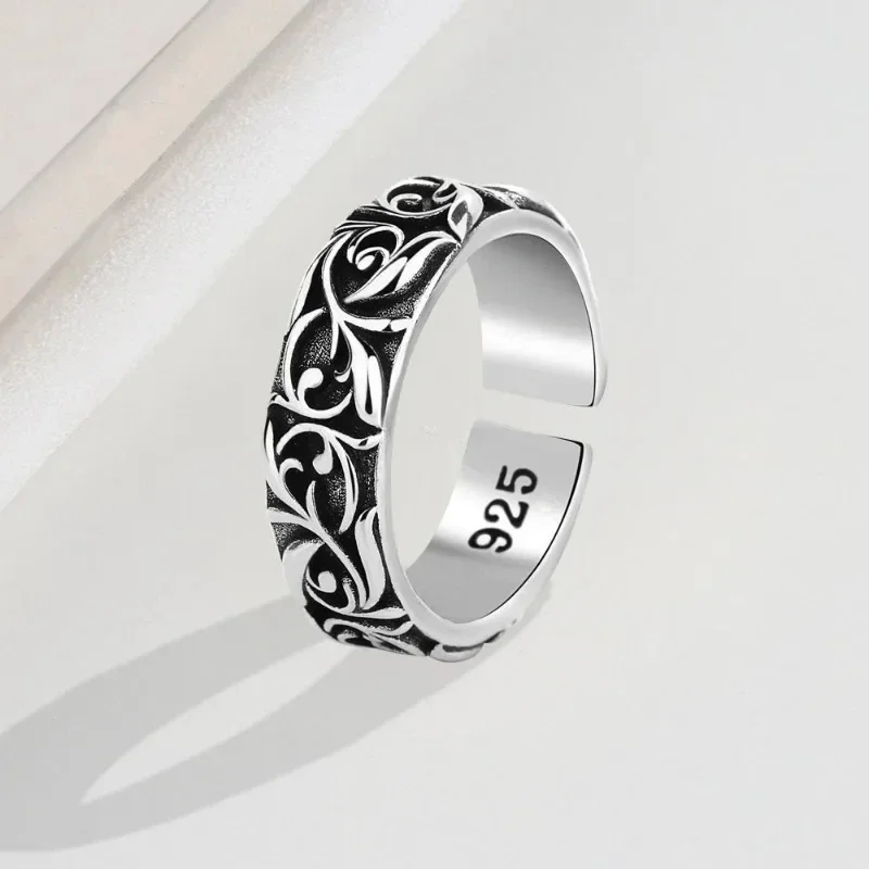 Vintage Vine Pattern Ring Silver Color Punk Gothic Retro Open Ring for Men Women Black Trend Unisex Jewelry Accessories