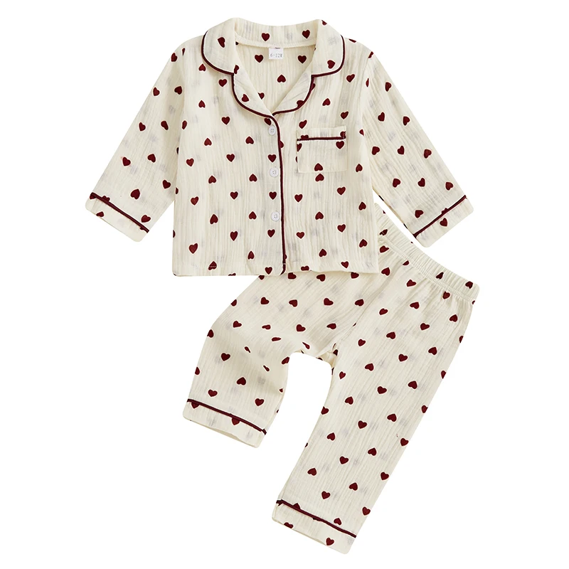 Kids Girls Valentine s Day Pajamas Heart Print Long Sleeves Shirt and Elastic Pants for Loungewear Sleepwear