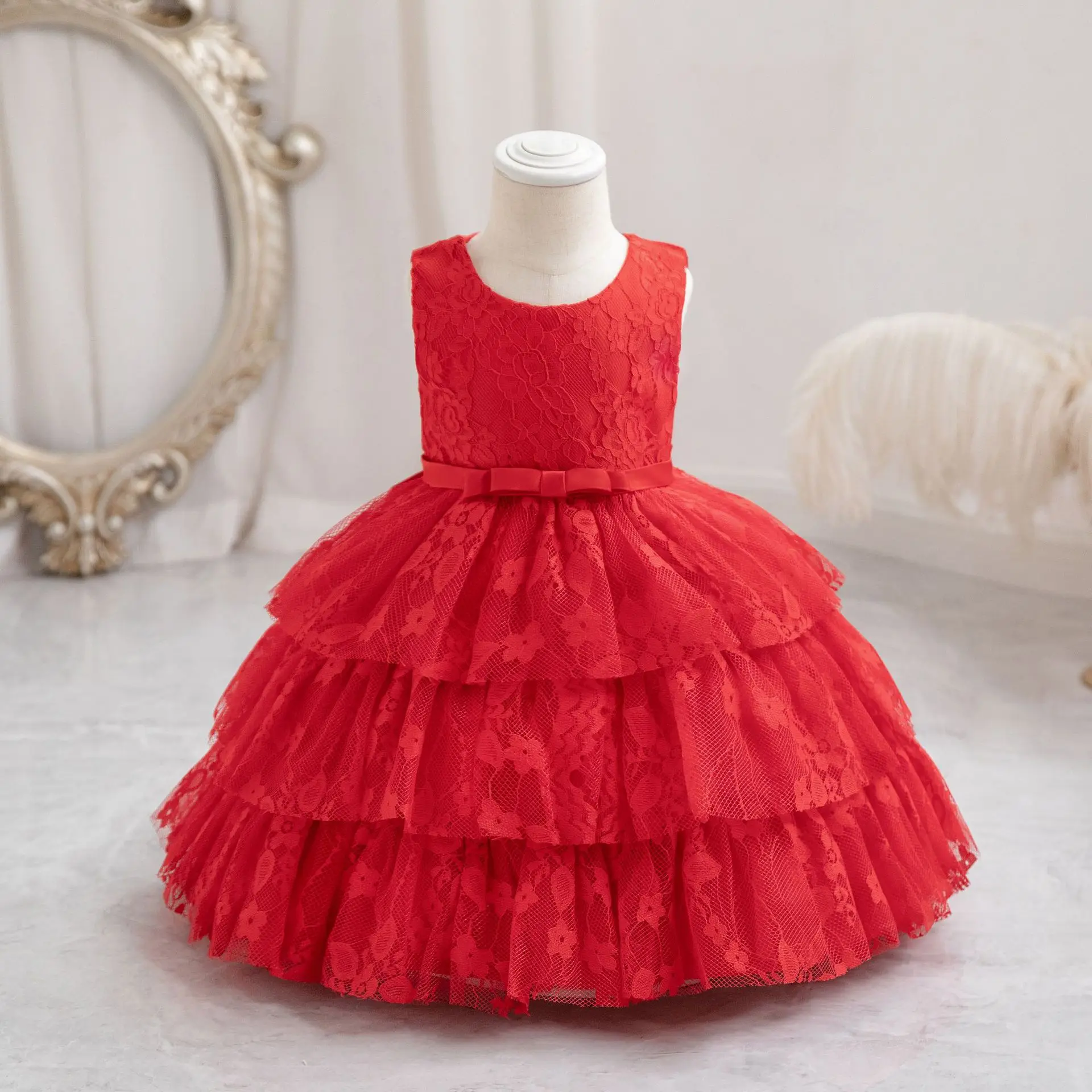 2024 New Children Girls Party Dress for Kids Short sleeve Solid Child Clothes Flower Girl Birthday Princess Dress Dance 1-3Y