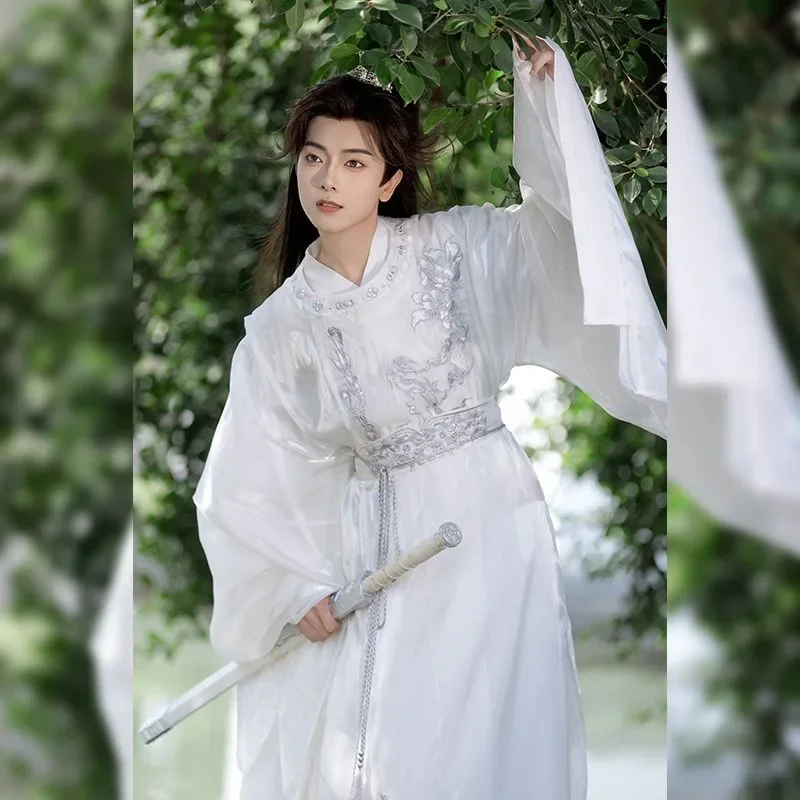Hanfu الكبار الأبيض الرجال والمرأة الربيع والصيف المطرزة الطراز القديم أثيرية ومجموعة أنيقة على غرار تانغ رداء برقبة مستديرة