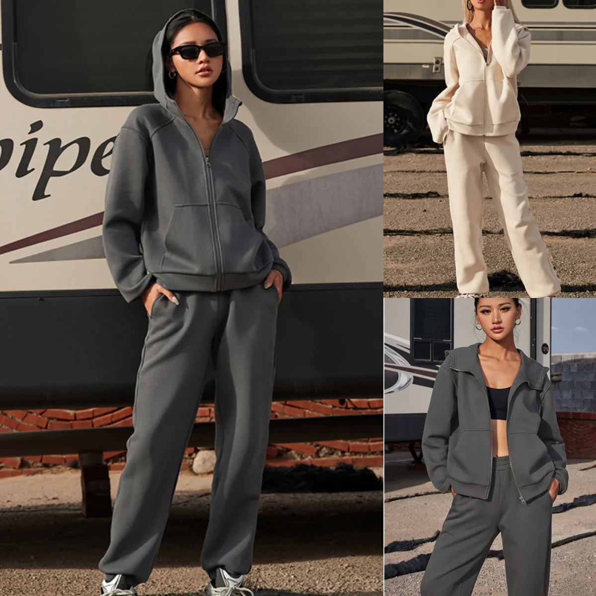 Autumn Winter New Cardigan Zipper Hoodie Loose Trousers Women\'s Suit Fashion Solid Casual Sports Pants Female 2 Piece Set 2024