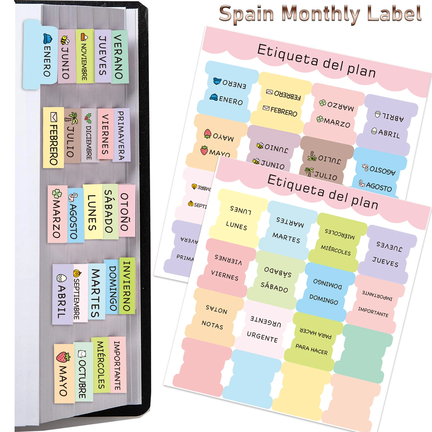 

32pcs Spain Monthly Planner Tabs - Adhesive Index Stickers for Planners, Journals, & Organizers | Decorative Tabs for Office & S