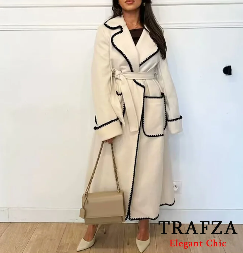 TRAFZA Casual Tweed Long Coat Women's Rolled Belt Lapel Lengthened Coat New 2024 Fall Winter Fashion Commuter Coat