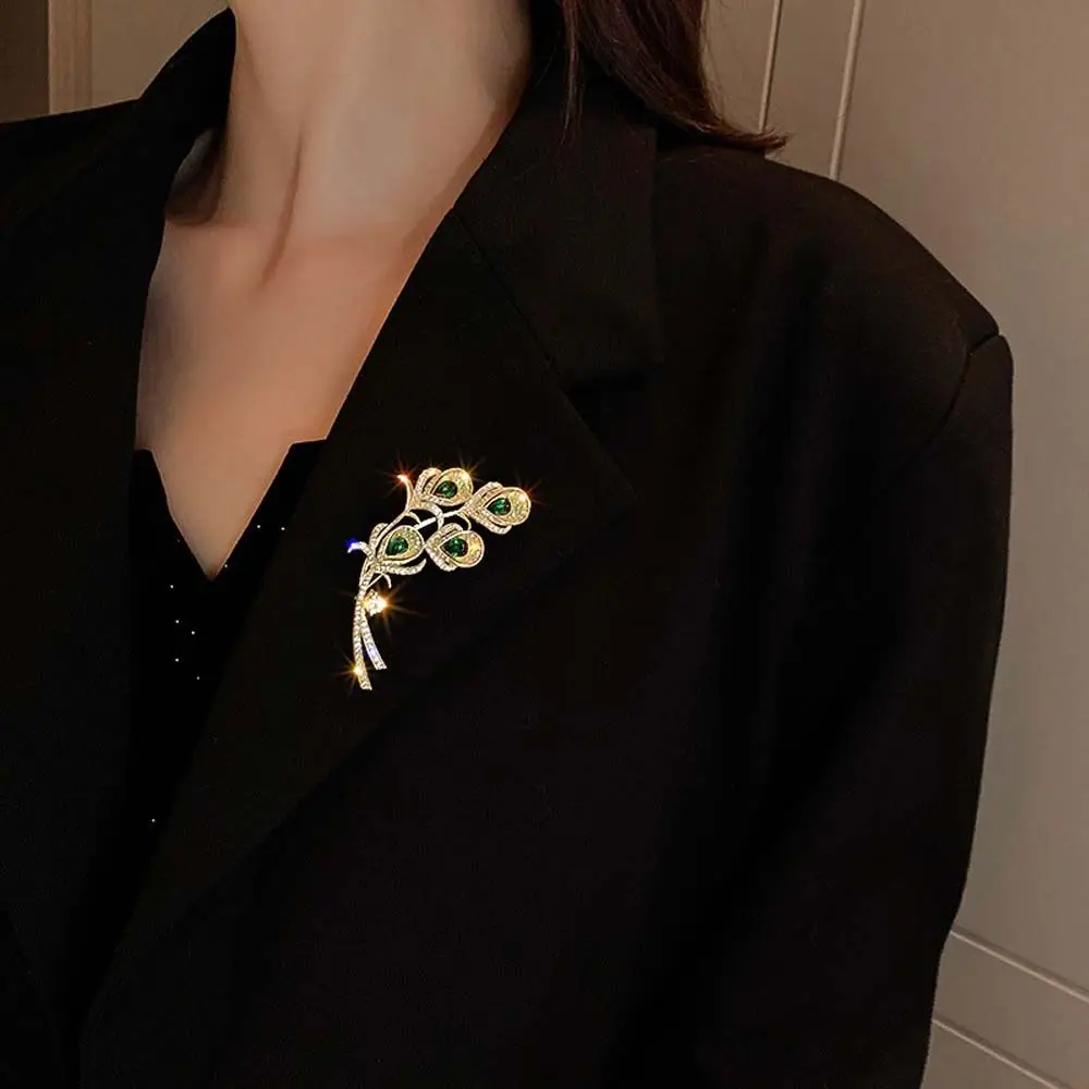 Clothing Accessories Green Rhinestone Rhinestone Crystal Badge Korean Style Brooch Pins Women Brooches Peacock Feather Brooch