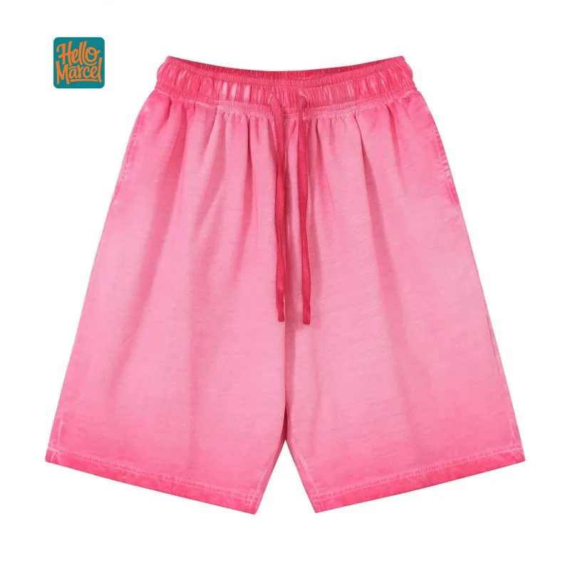 

HELLOMARCEL Одежда высшего качества, размер ЕС, США, 320 г, хлопковые тяжелые потертые шорты, двухцветные спортивные шорты большого размера из стираного хлопка с градиентом