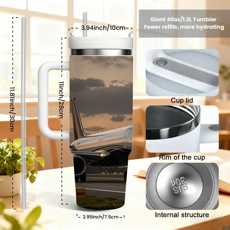 40 Oz Stainless Steel Double-Wall Insulated Tumbler with Handle & Straw, Sublimation-Printed Luxury Dusk Private Jet Airport Scene Design. Thermal Travel Mug, Keeps Hot 18H & Cold 36H, Ideal Birthday & Holiday Gift for Daily Commute & Outdoor Use