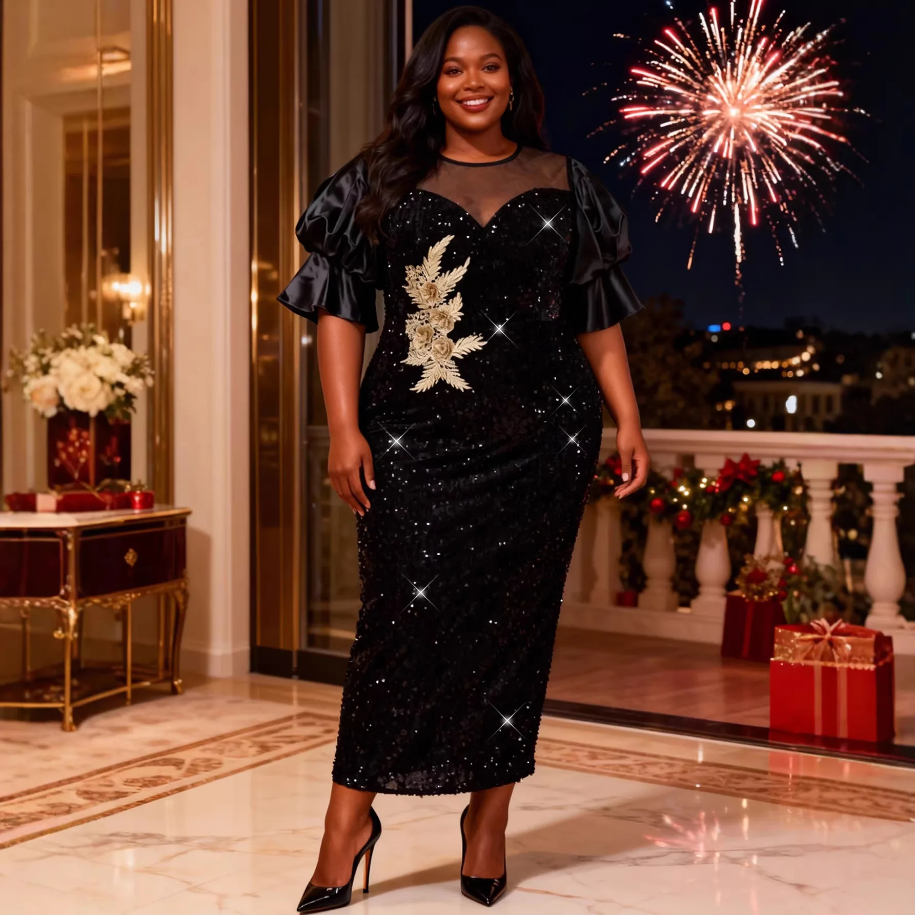

Plus-size Women's Black Sequin Dress With Puff Sleeves And Three-dimensional Floral Embroidery, Elegant Party Gown Casual Y2K