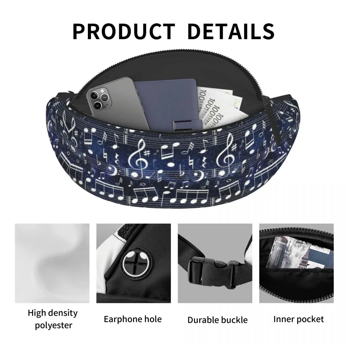 Notes de musique avec Space Galaxy Fanny Pack pour hommes et femmes, cadeau de pianiste musical, sac de taille à bandoulière pour voyage, cyclisme, téléphone, poudres d'argent