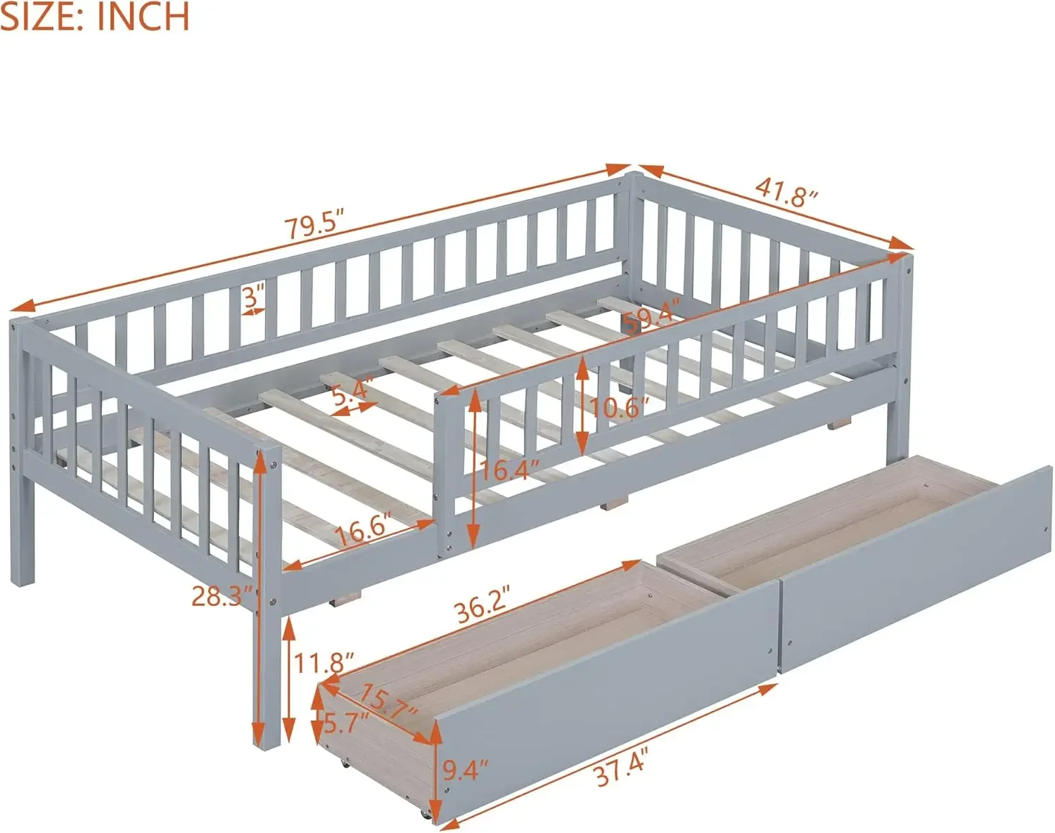 Twin Bed with Drawers, Kids Daybed with Storage, Wooden Bed Frame with Slat for Kids Children Toddlers Boys Girls-Grey