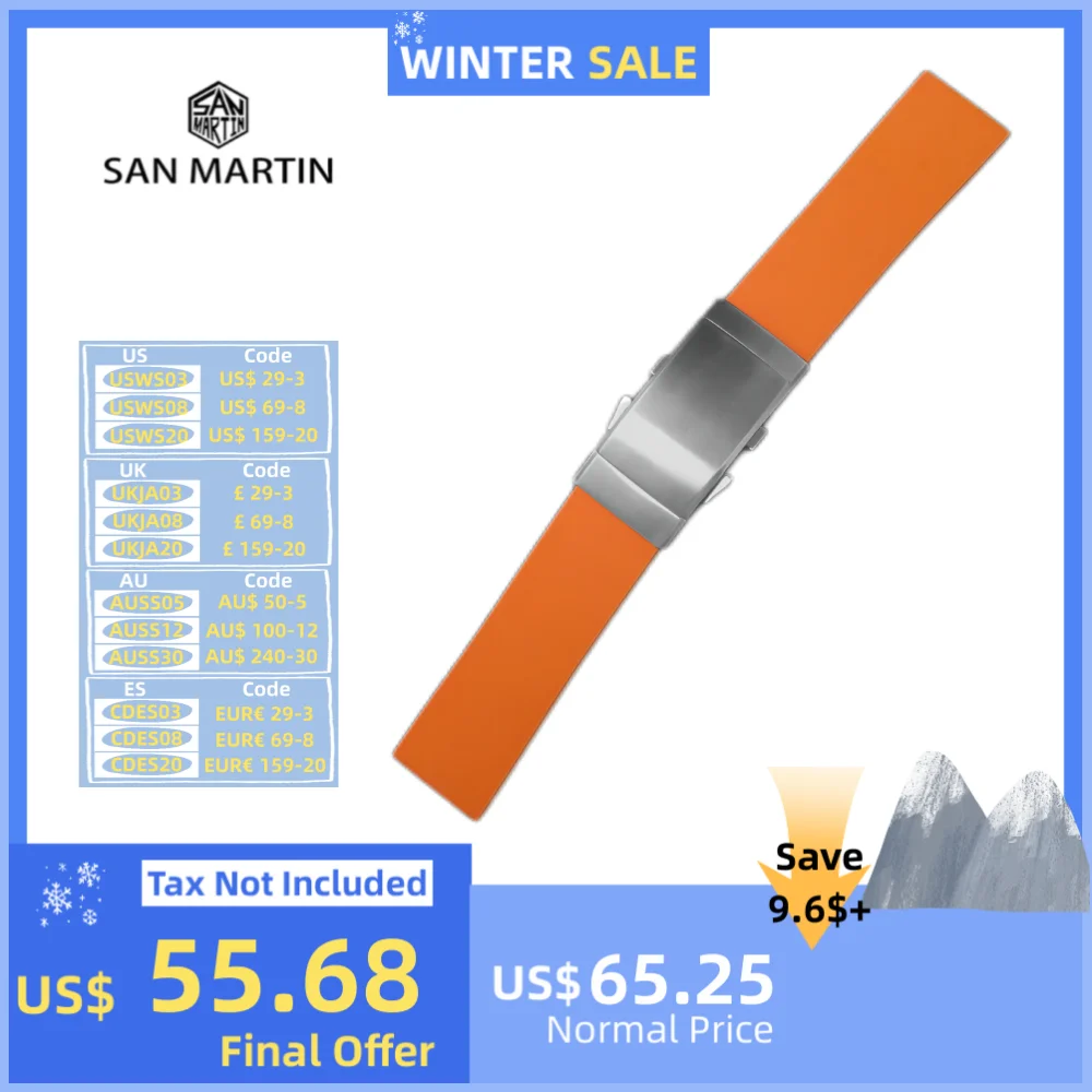 San Martin Watch Bands Rubber Straps 20mm 22mm With Folding Clasp Diving Watchband Waterproof Wrist Belt Soft Bracelet Durable