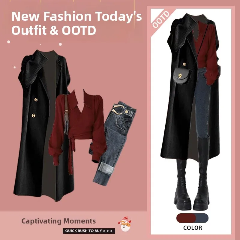 

Fashionable Autumn Winter Set Women's Long Coat Red Retro Sweater with Jeans Three-piece Set Korean Style V-neck Long Sleeve