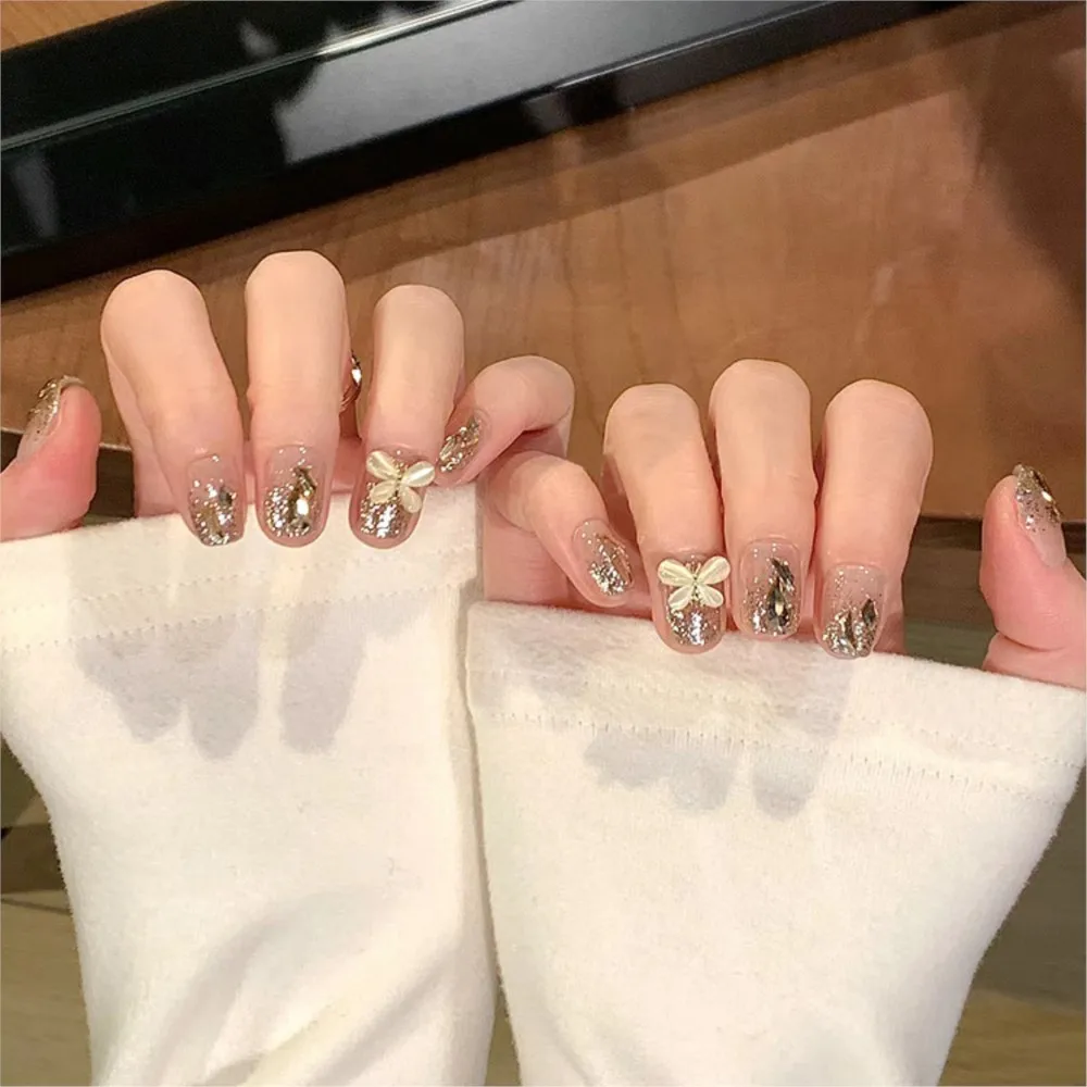 24 pçs rosa gato olho imprensa em unhas artesanal curto ballet unhas falsas projetos de diamante cobertura completa dicas da arte do prego wearable unhas falsas