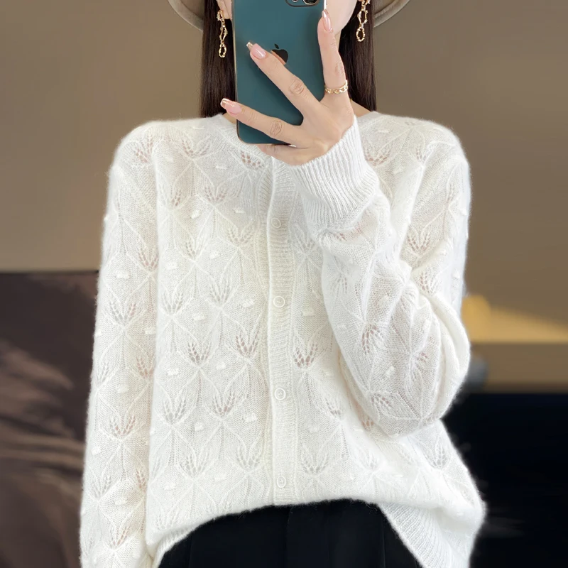 2024 Autumn Winter New 100% Merino Wool Women Fashion O-Neck Cardigan Korean Hollow Leaf Long Sleeve Sweater Cardigan For Woman