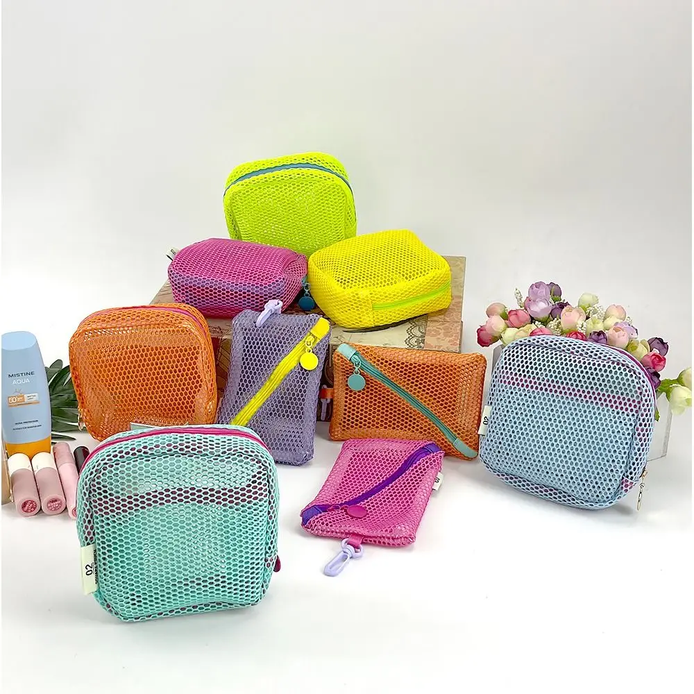 Lightweight Mesh Zipper Bags Visibility Space Saving Mini Makeup Pouch Portable Rotary Hook Travel Toiletry Pockets Women
