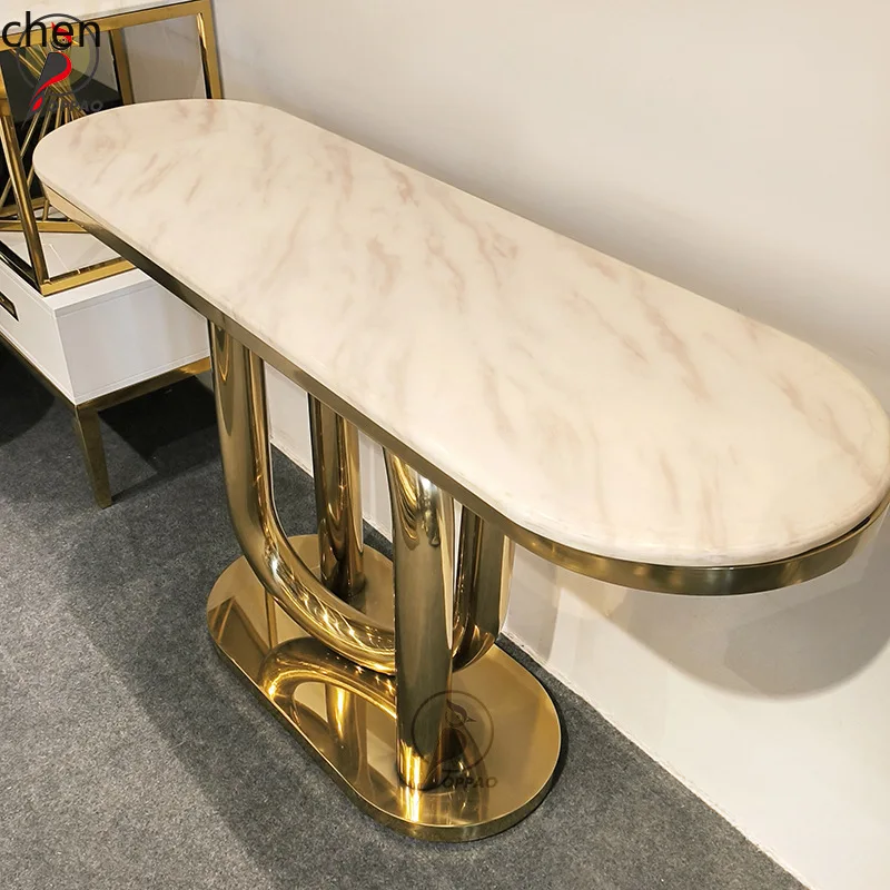 YFY Light Luxury Stainless Steel Arc Marble Entryway Table Narrow Corridor Aisle Wall-Mounted Decorative Table Entryway
