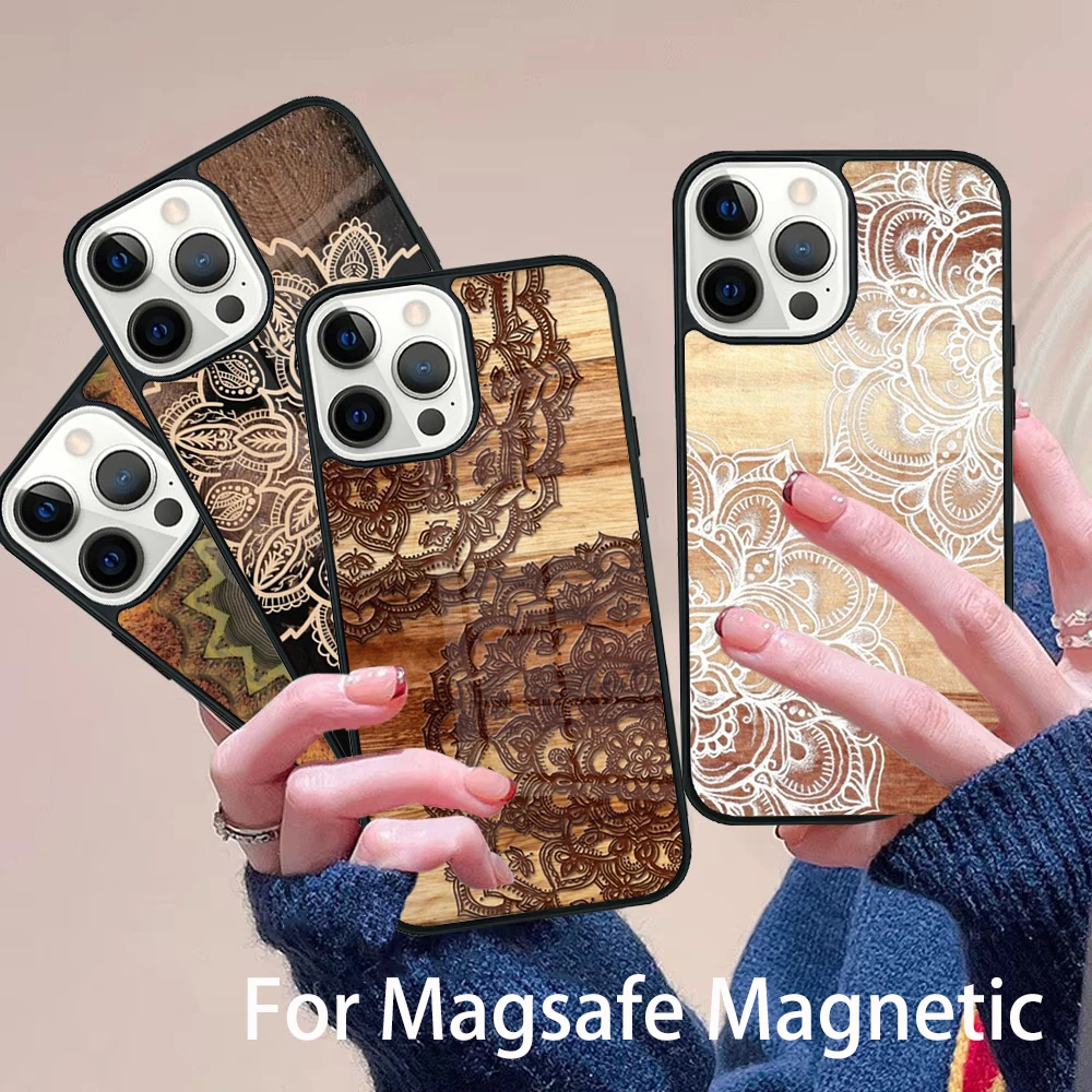 

Mandala Wood Floral Phone Case Magesafe Magnetic Wireless Charge Cover For IPhone 16 11 12 13 14 15 Pro Max Plus Mini