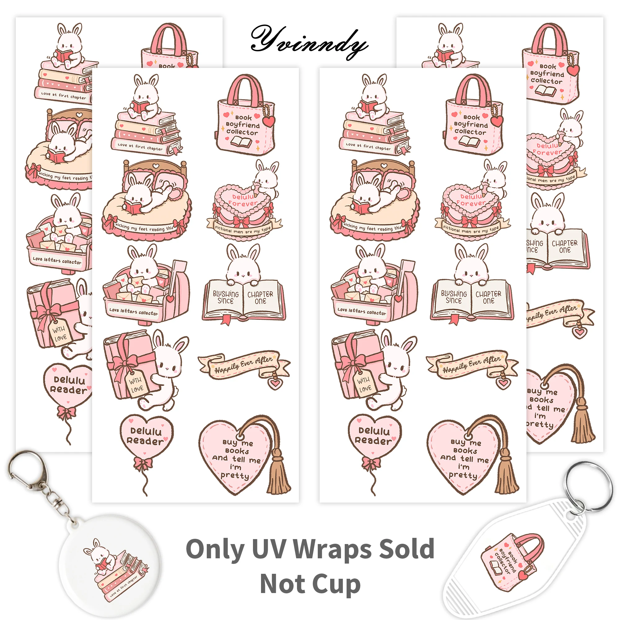 40pcs/set Kawaii Romance Reader Bunny DIY UV DTF Cup Stickers-High-Viscosity UV DTF Cup Stickers