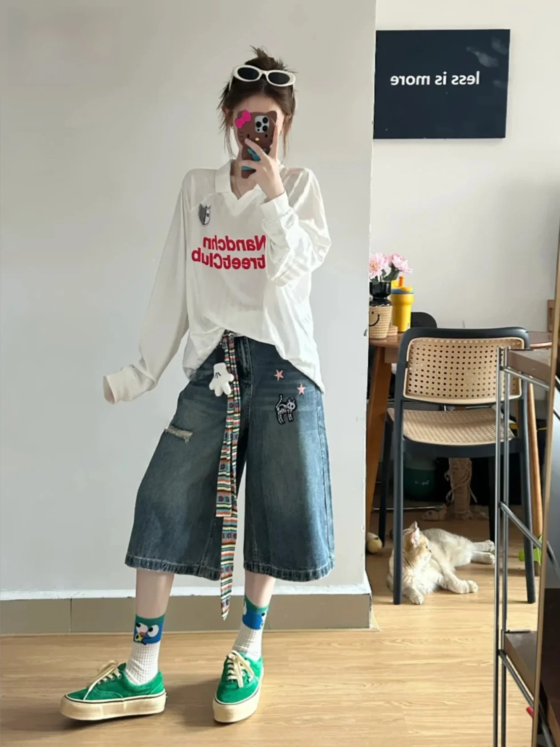 

American Style Retro Blue Straight Leg Embroidered Denim Jeans Women's Summer Hot Girl Loose Wide Leg Mid-Length Casual Jeans