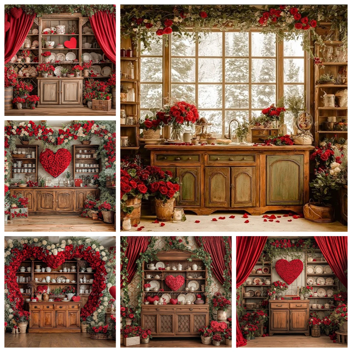 

Valentine's Day Red Rose Heart Theme Banner Photography Background, Couple Date, Birthday Party Decoration Photography Backdrop