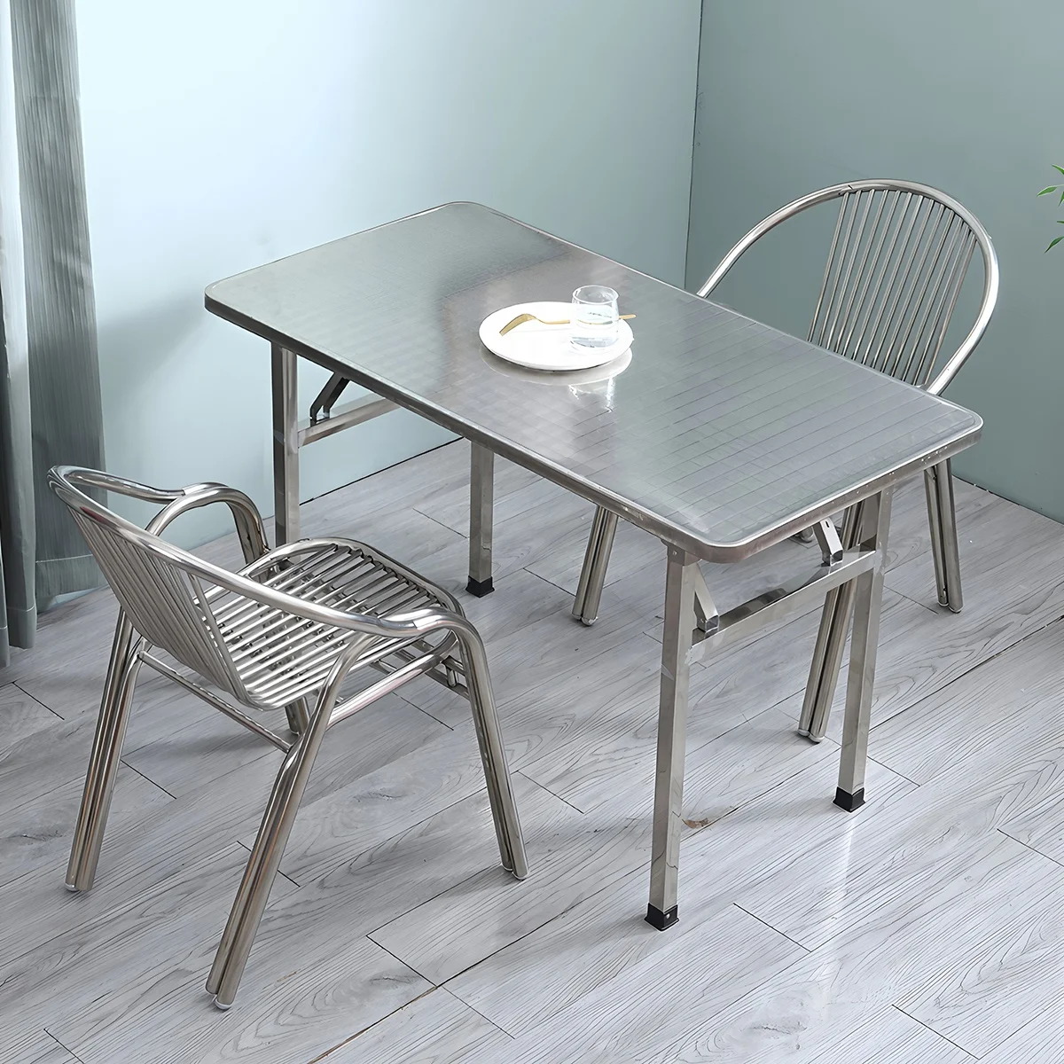 

Всепогодный прочный обеденный набор из нержавеющей стали для улицы: металлический стол и стулья для использования на заднем дворе, в парке, на побережье, на ферме, во дворе