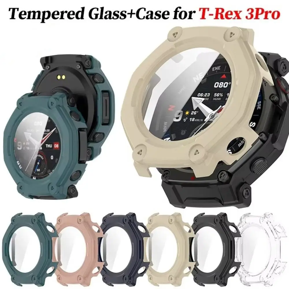 PC+Tempered Glass Protective Case Anti-Scratch 48mm Screen Protector Full Coverage Soft Edge Shell for Amazfit T-Rex 3 Pro