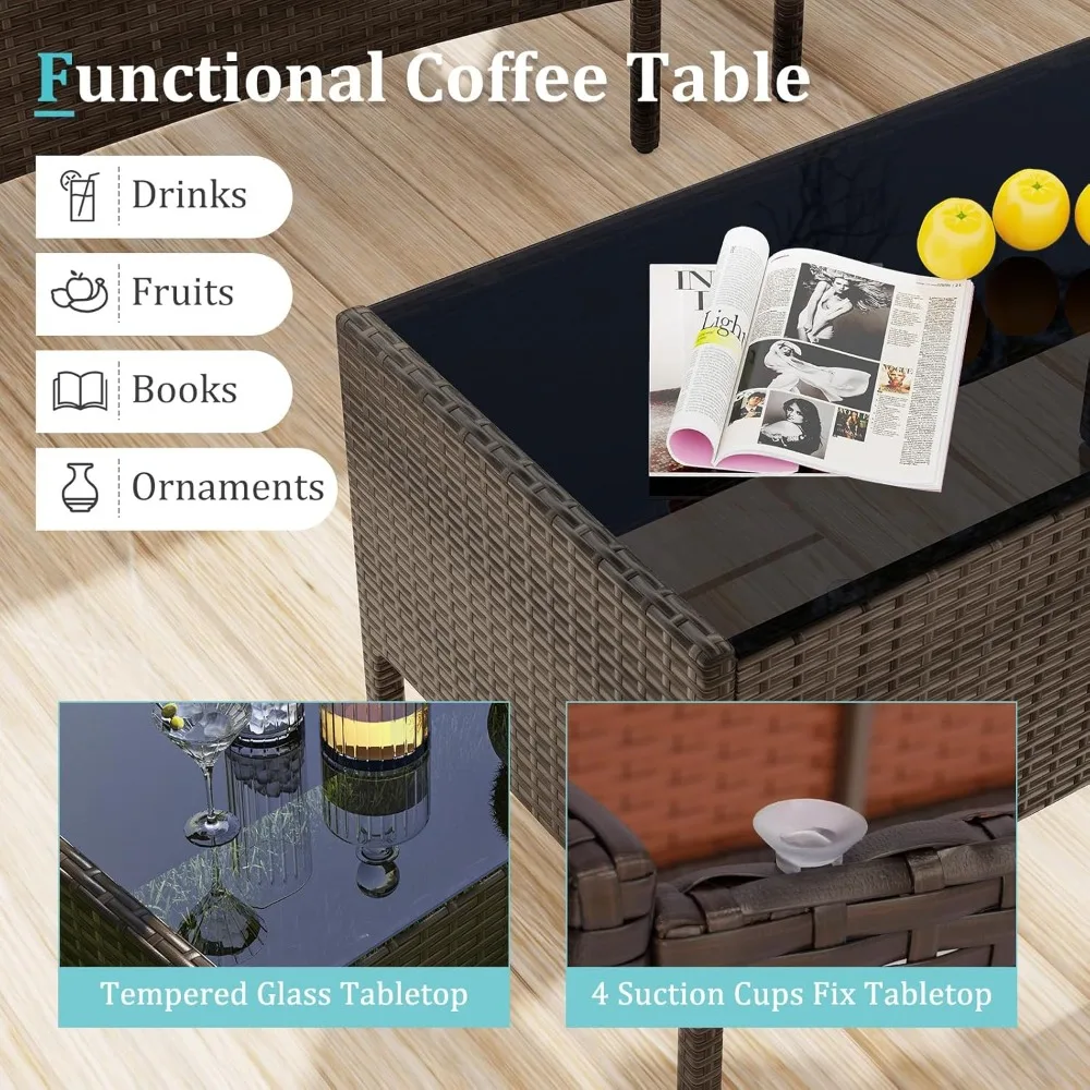 

4 Piece Patio Furniture Set, Outdoor Rattan Conversation Set with Loveseat, Wicker Chairs, Tempered Glass Coffee, Customized