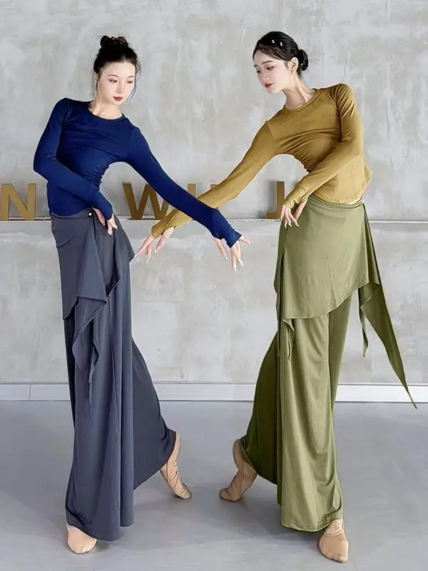 Women Modal Flowy Wide Leg Dance Pants Elegant Ruffle Hem High Waist Loose Casual Trousers Classical Dance Training Yoga Workout