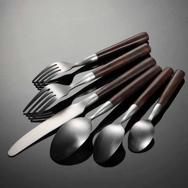 Stainless Steel Cutlery Set Imitation Wooden Handle Sliver Western Dinner Knife Forks Spoon Table Decoration Accessories