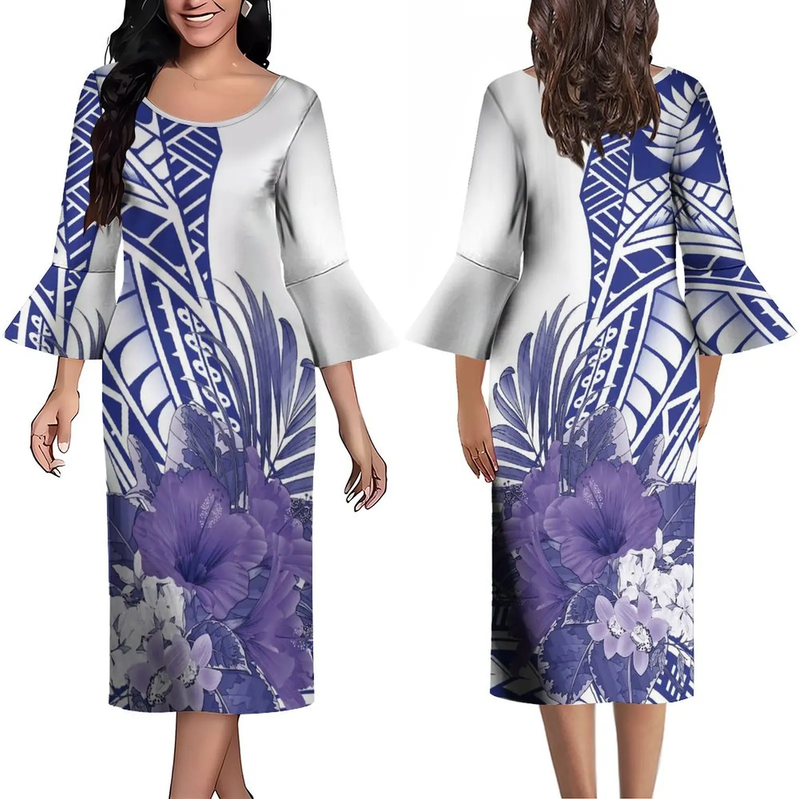 Summer Women Art Large Size 8xl Crew Neck Flared Dress Sleeve Skirt Polynesian Design Pacific Heritage Fashion Dress