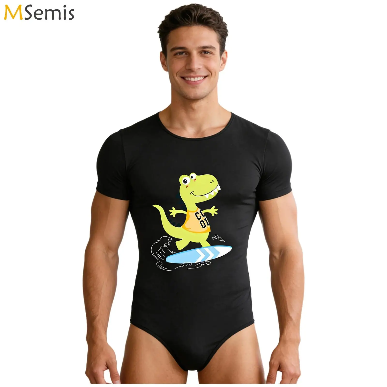 

Mens Leotard Bodysuit Pajamas Dinosaur Print Short Sleeve Bodysuit Shirt Buttoned Crotch Rompers One-piece Jumpsuit Loungewear