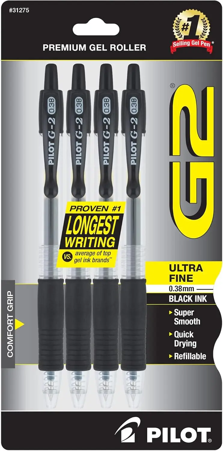 

Ultra Fine Point Gel Ink Pens, 0.38mm Black Ink, 4-Pack, Smooth Writing, Refillable & Retractable