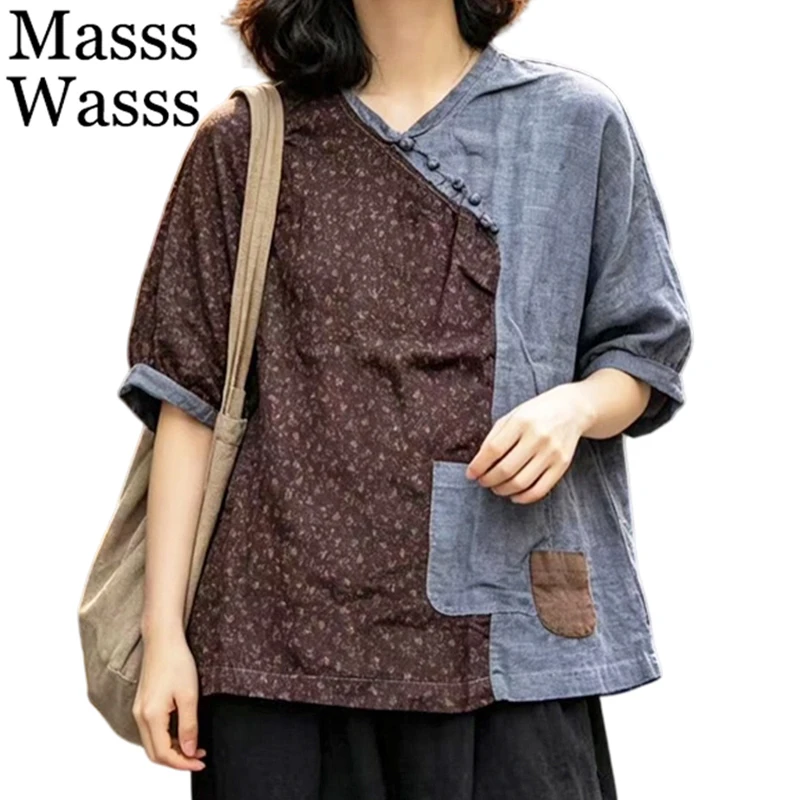 

Masss Wasss Korean Design Patchwork Shirts Ladies Summer Fashion Loose Cotton Linen Tops Womens Vintage Classic Causal Blouses