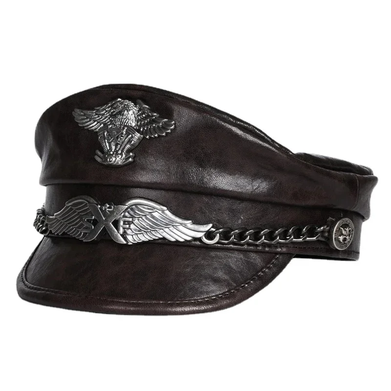 German Navy Hat For Men Unisex Genuine Leather Retro Eagle Locomotive Caps Male Spring Sailor Captain Casquette Cool Flat Top Go