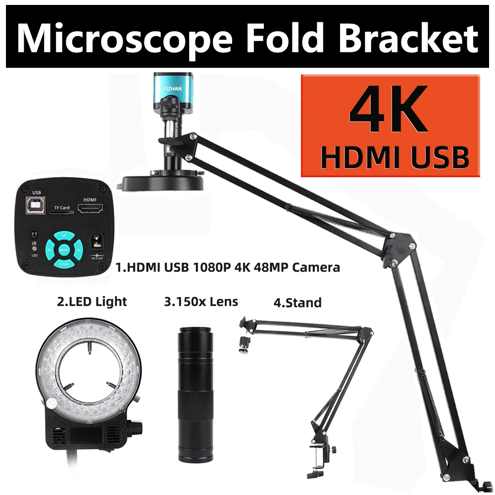 HDMI HD 4k 2k Camera Microscope 48MP 13MP Digital Video Camera Wide Angle Folding Bracket 1-150x Lens Zoom C Mount Desktop Clip