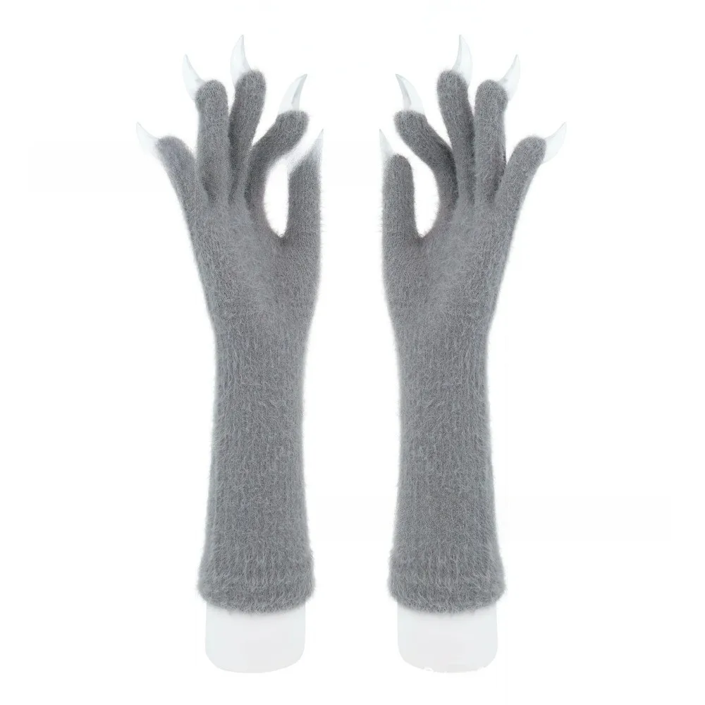 Funny Full Finger Paws Gloves Furry Solid Color Long Warm Mittens Long Nail Animal Claw Gloves Halloween Costume Accessories
