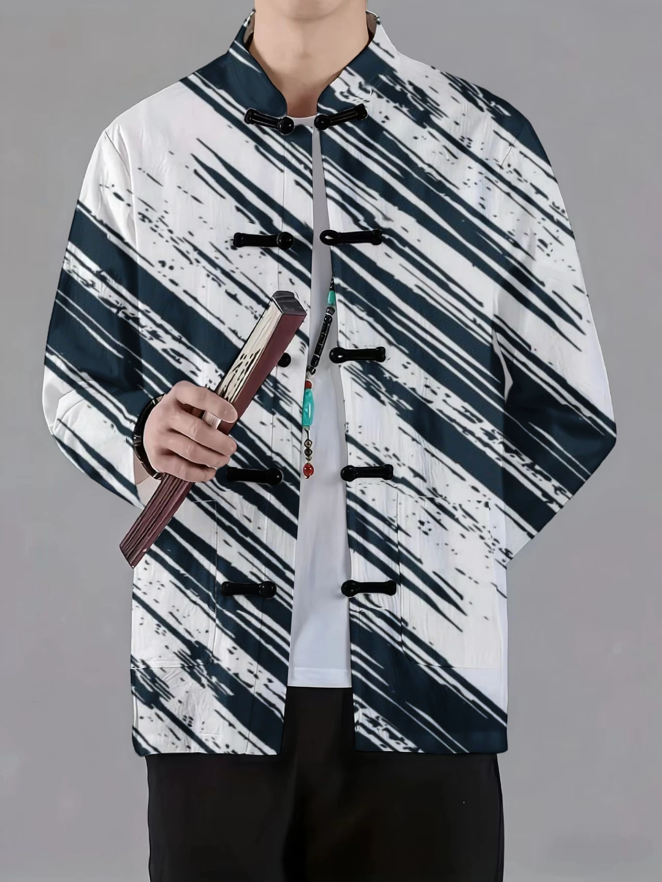 Men Mandarin Collar Frog Button Jacket Tie Dye Floral Landscape Stripe Art Print Traditional Outerwear