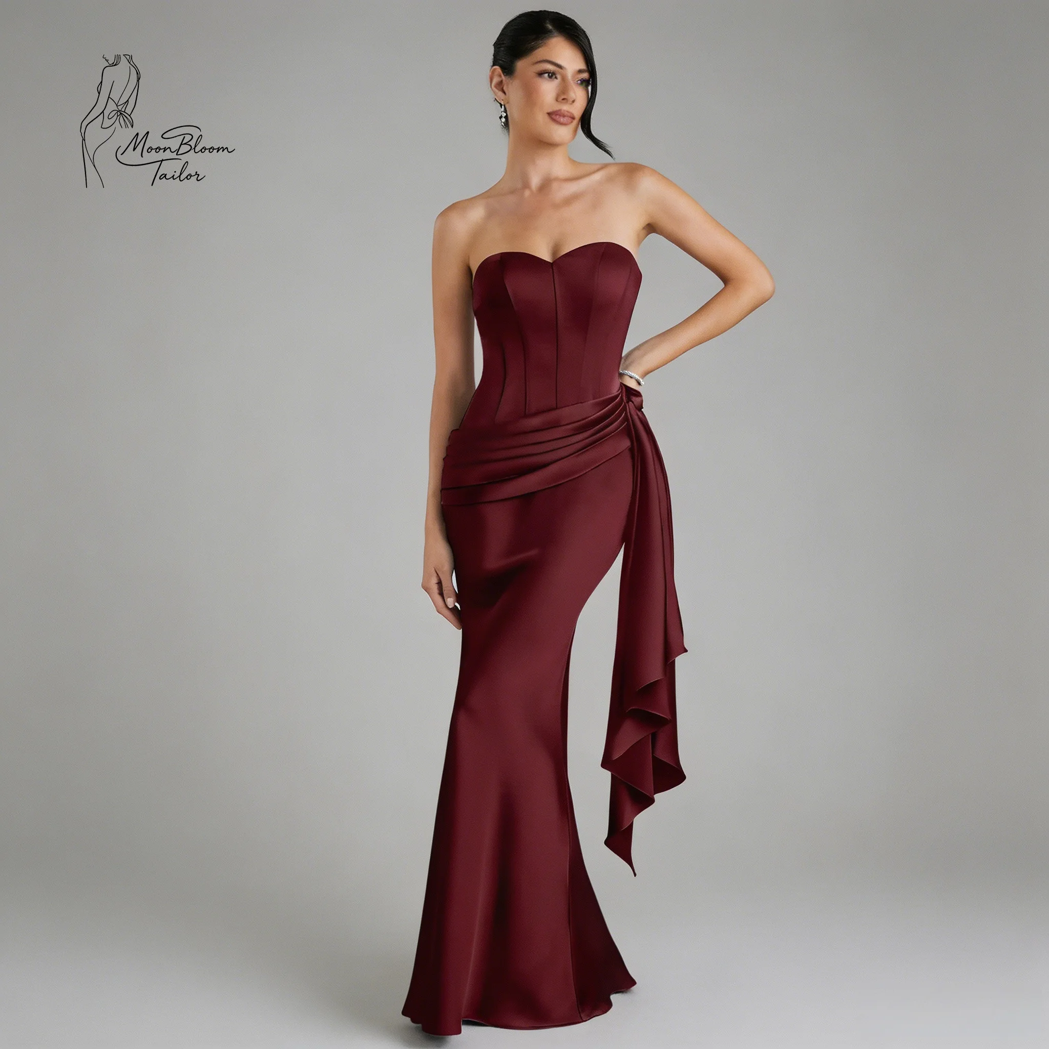 

Elegant Burgundy Satin Mermaid Gown with Sweetheart Neckline, Corset Back & Cascading Draping for Gala Dinner