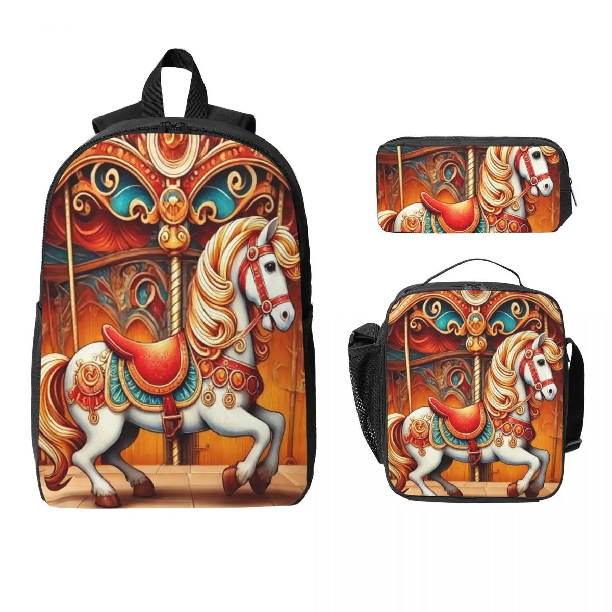 Artistic Details Of A Carousel Backpack Boys Girls BookBag School Bag Computer Shoulder Bags 3ps Insulated Lunch Bag Pencil Case