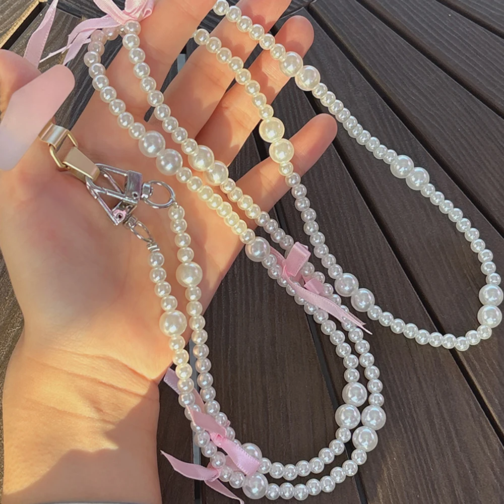 Crossbody Cute Bowknot Pearl Phone Lanyard Chain Anti-fall Mobile Phone Hanging Cord Neck Straps Ins Beaded Charm for Women