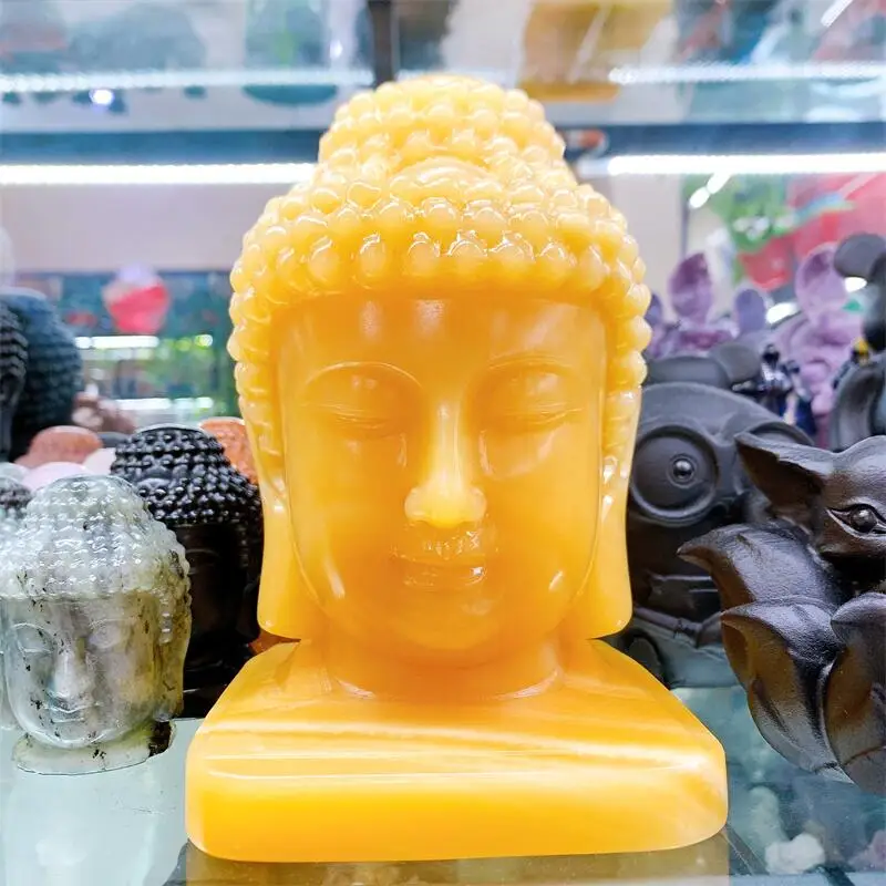 

15CM Natural Yellow Calcite Crystal Buddha Head Figurine Carving Buddhism Home Decoration Healing Meditate Reiki Feng Shui 1pcs