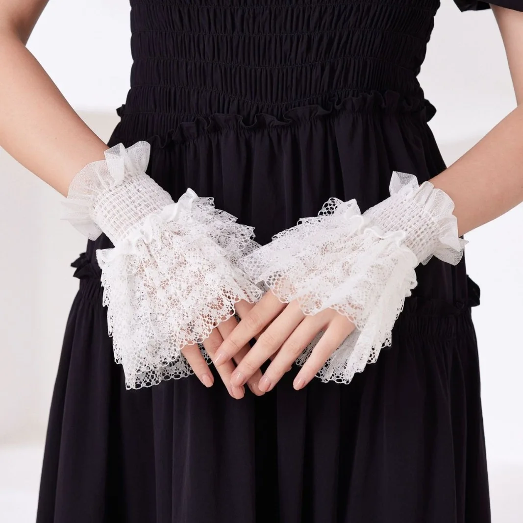 2026 Korean Style Black White Five-Layer Lace Trimmed Decorative Arm Sleeves for Women