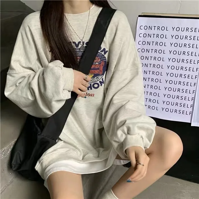 Autumn Women's Thin Vintage Print Casual Hoodies T-Shirts Street Style Long Sleeve round Neck Cartoon Pattern Straight Cut