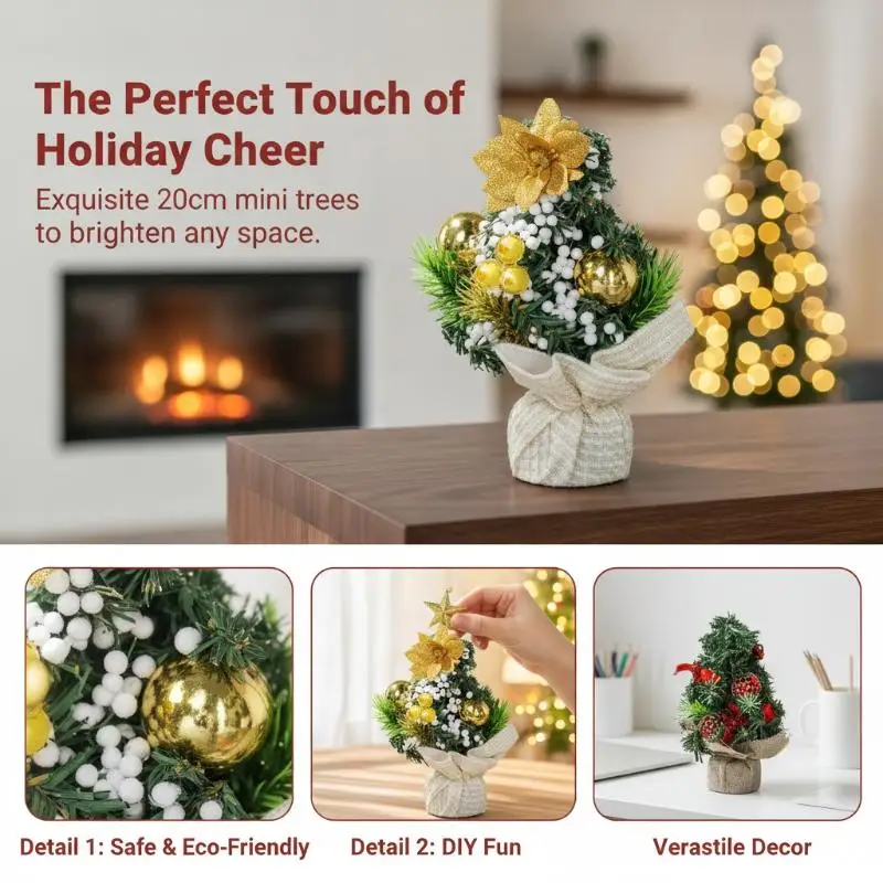 Mini Christmas Tree Tabletop Desktop Ornament Artificial Pine Ribbon Bow Home Party Decor