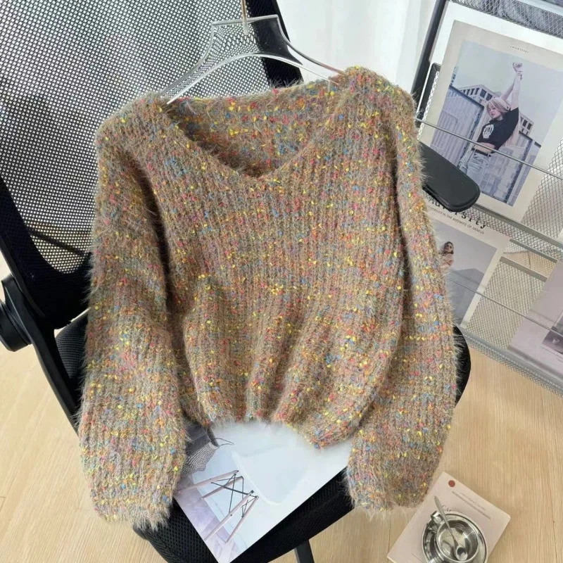 

Контрастные вязаные пуловеры с v-образным вырезом, осень-зима, универсальные свободные трендовые свитера с длинными рукавами, модная корейская женская одежда
