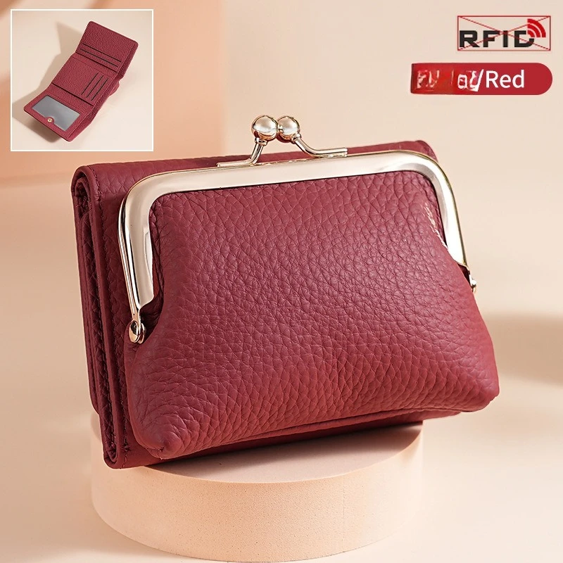 ​​Women's Tri-Fold Genuine Leather Wallet - Metal Clasp Compact Organizer with Coin Pocket & Multi-Card Slots​​
