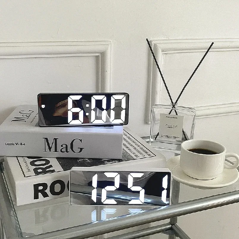 

Smart Alarm Clock Bedside Table Led Alarm Clock Digital Children's Electronic Alarm Clock Curved Screen Mirror Temperature