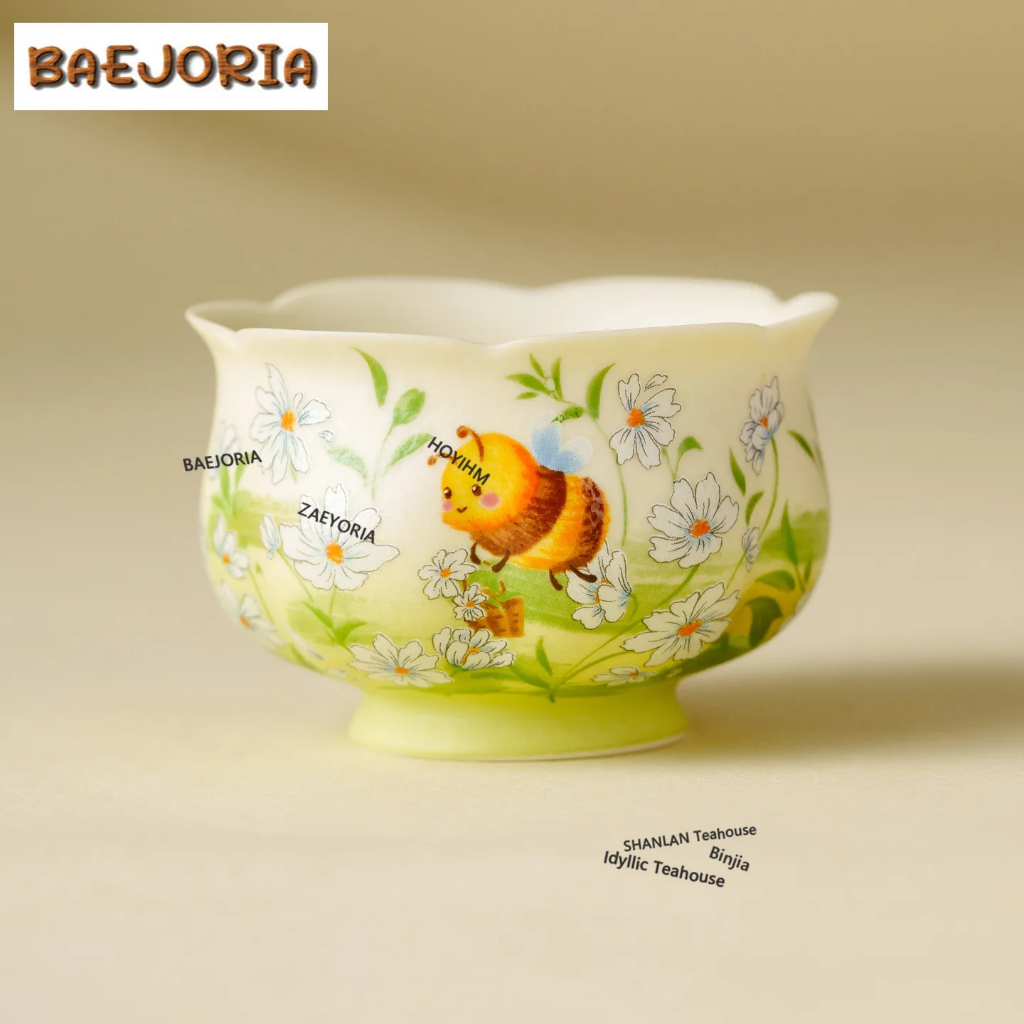 BAEJORIA 90ml Decal Bees Flowers Teacup Elegant Tea Bowl Tea Cup Set Tea-tasting Meditation Cup Chazhan Master Cups Drinkware