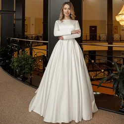 Msikoods Elegant Satin Wedding Dress Customized Long Sleeves Modest Bride Dress Muslim Button White A Line Women Bridal Dress