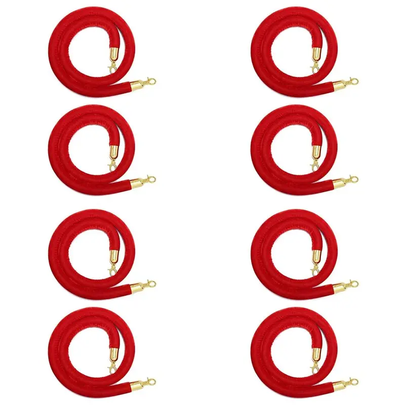 

【ORNAMENT】Набор из 8 барьерных веревок из бархата с золотыми крюками, веревки для контроля толпы, декоративные веревки для красной дорожки, 5 футов, красные