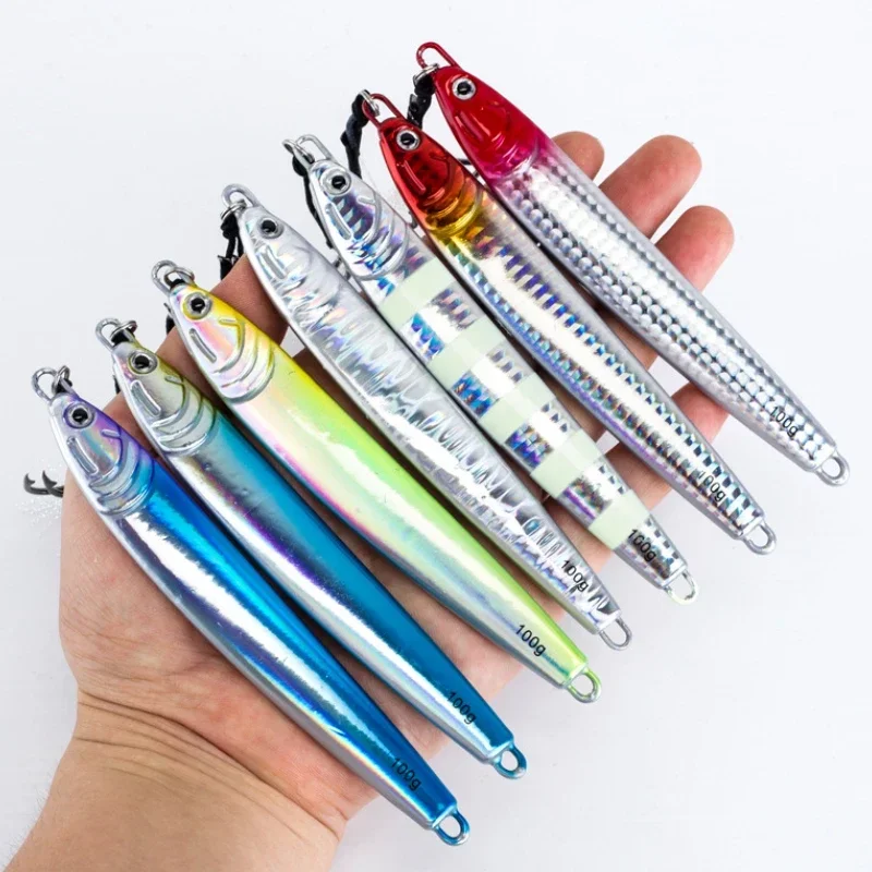 40g 80g 100g Luminous Fast Jigging Casting Lure 7Colors Fishing Metal Jig Bait With Double Assist Hook